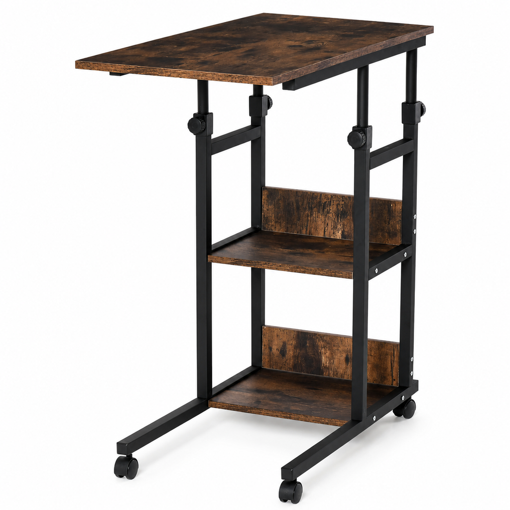 Side Table C-Shaped Rolling 3-Tier – Metal & Particle Board, Rustic Brown, 80 × 40 × 72–82 cm