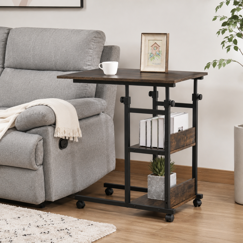 Side Table C-Shaped Rolling 3-Tier – Metal & Particle Board, Rustic Brown, 80 × 40 × 72–82 cm