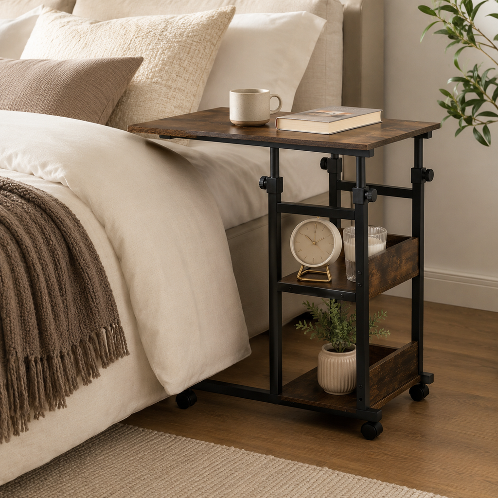 Side Table C-Shaped Rolling 3-Tier – Metal & Particle Board, Rustic Brown, 80 × 40 × 72–82 cm
