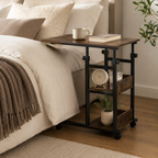 Side Table C-Shaped Rolling 3-Tier – Metal & Particle Board, Rustic Brown, 80 × 40 × 72–82 cm