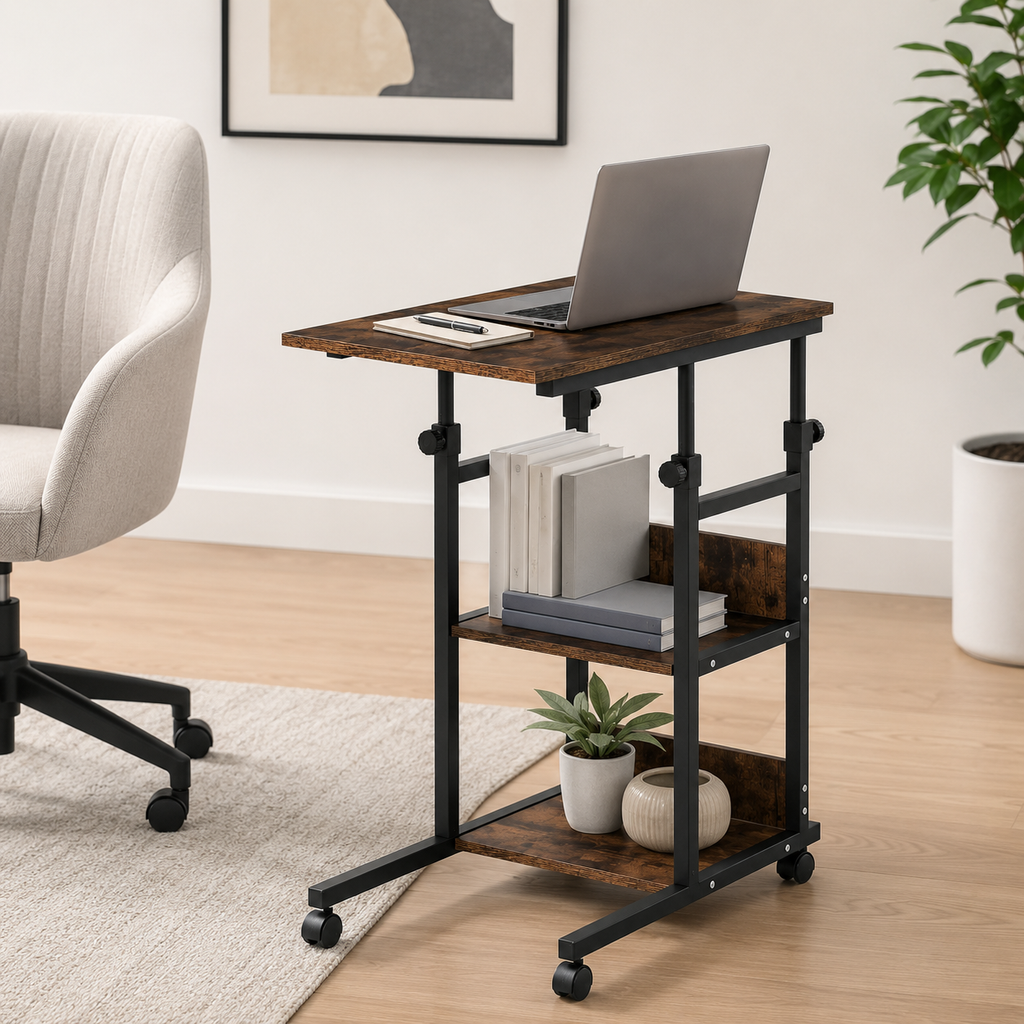 Side Table C-Shaped Rolling 3-Tier – Metal & Particle Board, Rustic Brown, 80 × 40 × 72–82 cm