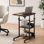 Side Table C-Shaped Rolling 3-Tier – Metal & Particle Board, Rustic Brown, 80 × 40 × 72–82 cm