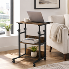 Side Table C-Shaped Rolling 3-Tier – Metal & Particle Board, Rustic Brown, 80 × 40 × 72–82 cm