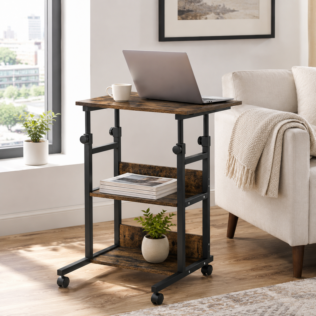 Side Table C-Shaped Rolling 3-Tier – Metal & Particle Board, Rustic Brown, 80 × 40 × 72–82 cm