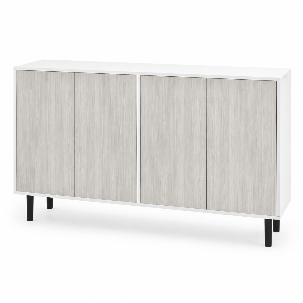 Sideboard Storage Cabinet 4-Door – Particle Board & Pine Legs, White, 121 × 37 × 75 cm
