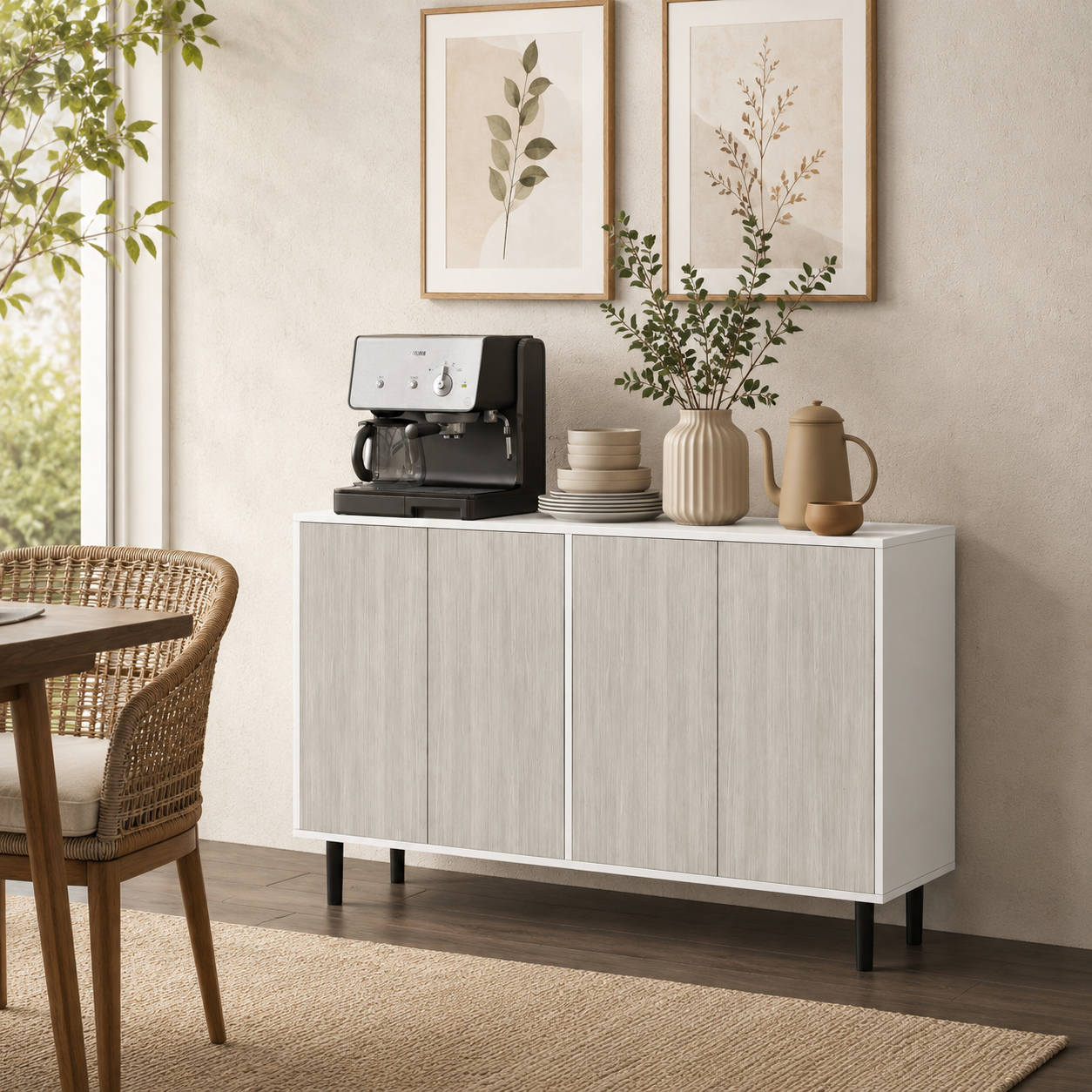 Sideboard Storage Cabinet 4-Door – Particle Board & Pine Legs, White, 121 × 37 × 75 cm