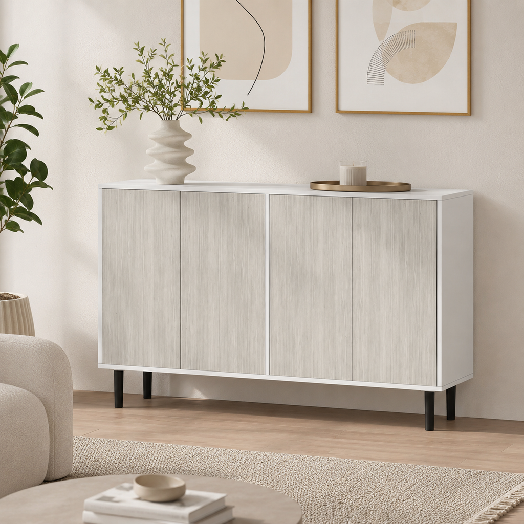 Sideboard Storage Cabinet 4-Door – Particle Board & Pine Legs, White, 121 × 37 × 75 cm