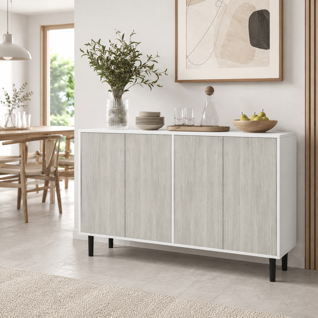 Sideboard Storage Cabinet 4-Door – Particle Board & Pine Legs, White, 121 × 37 × 75 cm