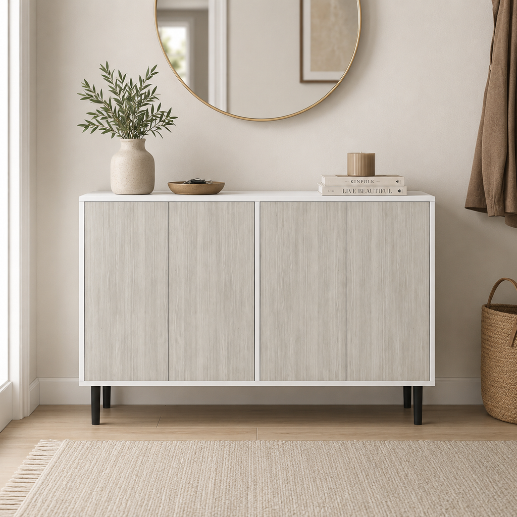 Sideboard Storage Cabinet 4-Door – Particle Board & Pine Legs, White, 121 × 37 × 75 cm