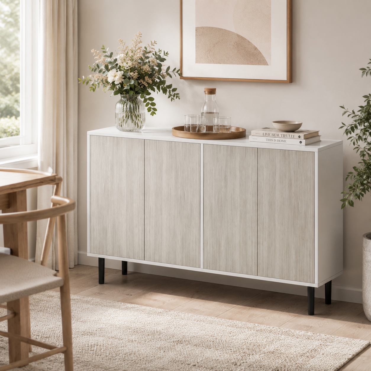 Sideboard Storage Cabinet 4-Door – Particle Board & Pine Legs, White, 121 × 37 × 75 cm