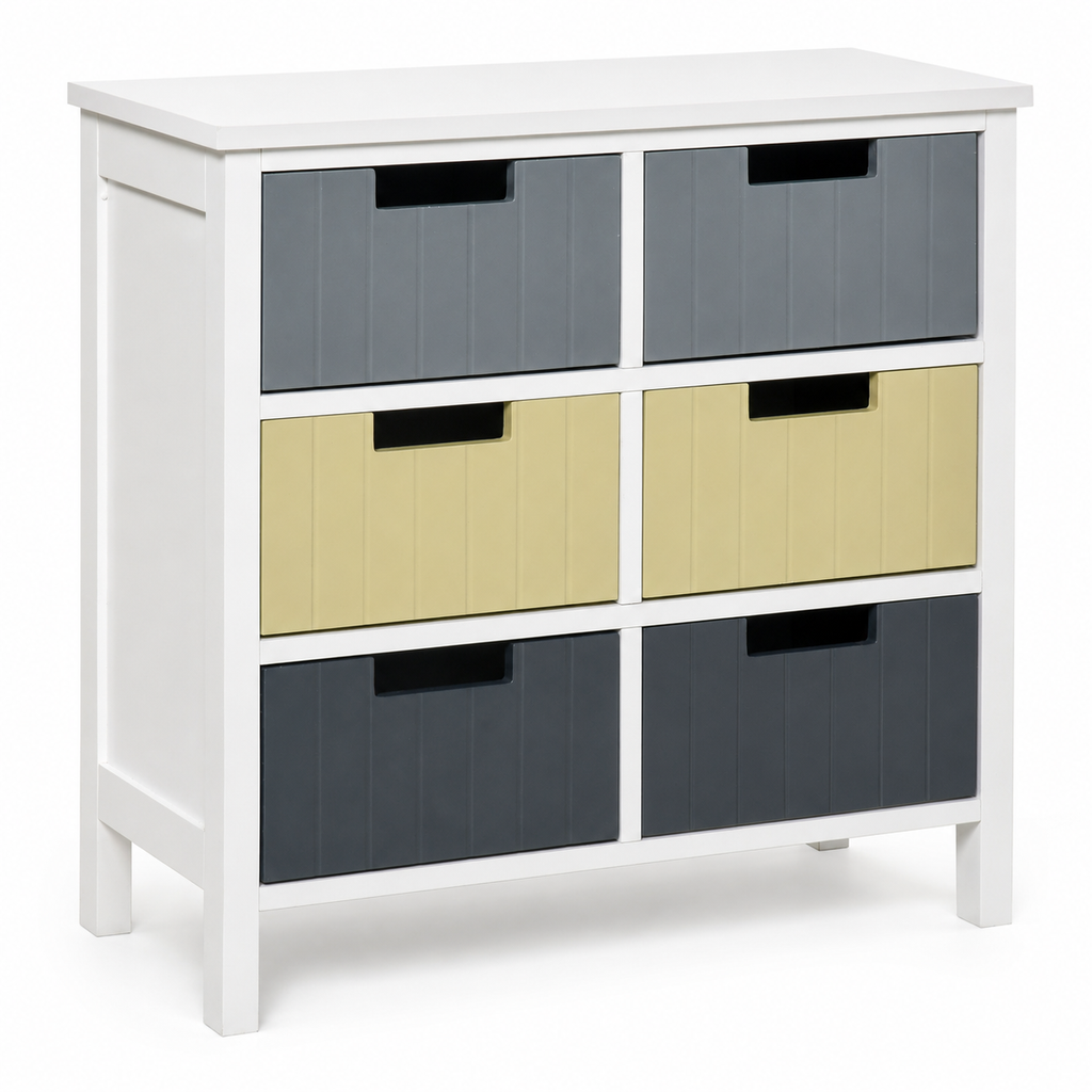 Storage Tower 6-Drawer – MDF, White & Multicolour, 62 × 28 × 58 cm