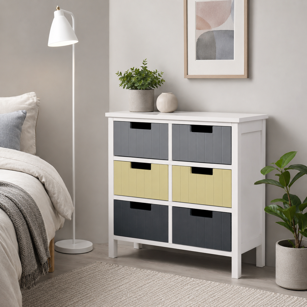 Storage Tower 6-Drawer – MDF, White & Multicolour, 62 × 28 × 58 cm