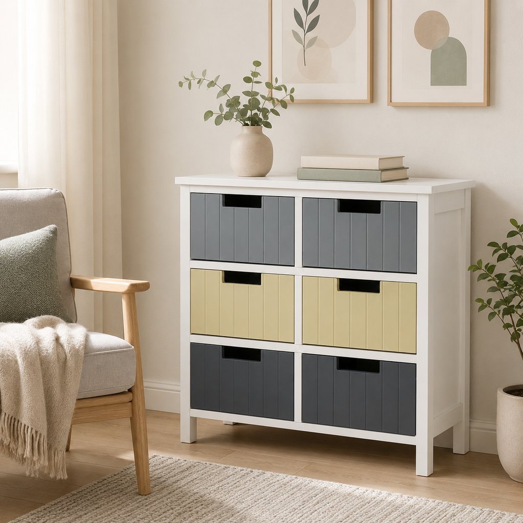 Storage Tower 6-Drawer – MDF, White & Multicolour, 62 × 28 × 58 cm