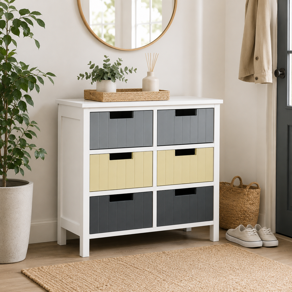 Storage Tower 6-Drawer – MDF, White & Multicolour, 62 × 28 × 58 cm