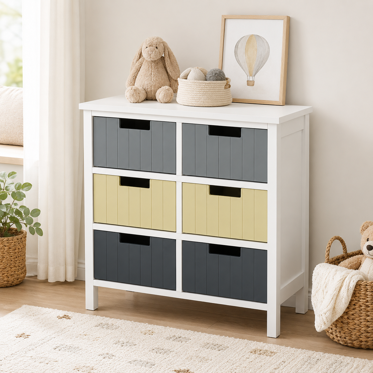 Storage Tower 6-Drawer – MDF, White & Multicolour, 62 × 28 × 58 cm