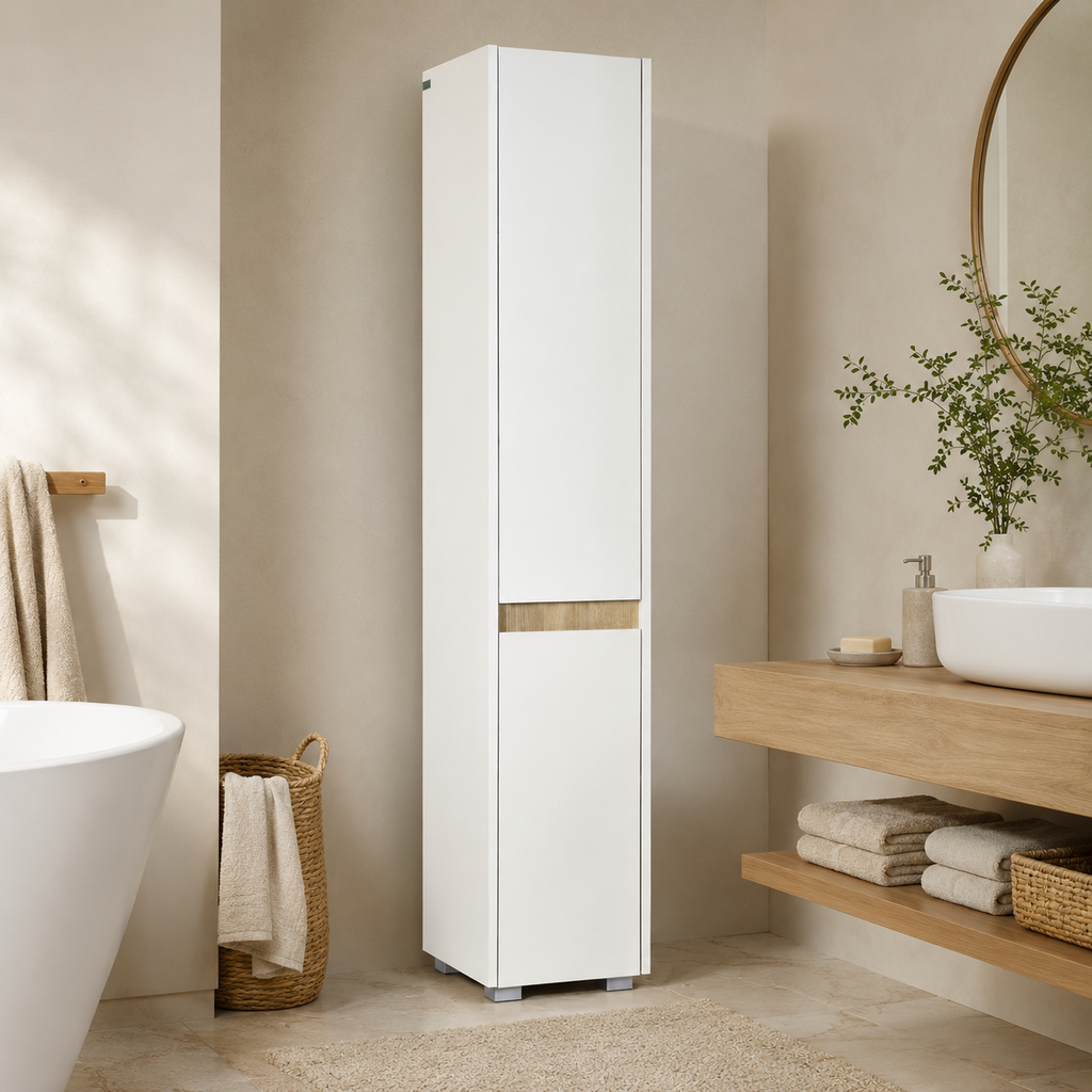 Bathroom Tallboy Cabinet 5-Tier – Particle Board, White, 30 × 33 × 165 cm