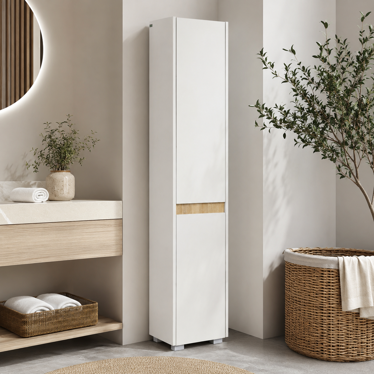 Bathroom Tallboy Cabinet 5-Tier – Particle Board, White, 30 × 33 × 165 cm