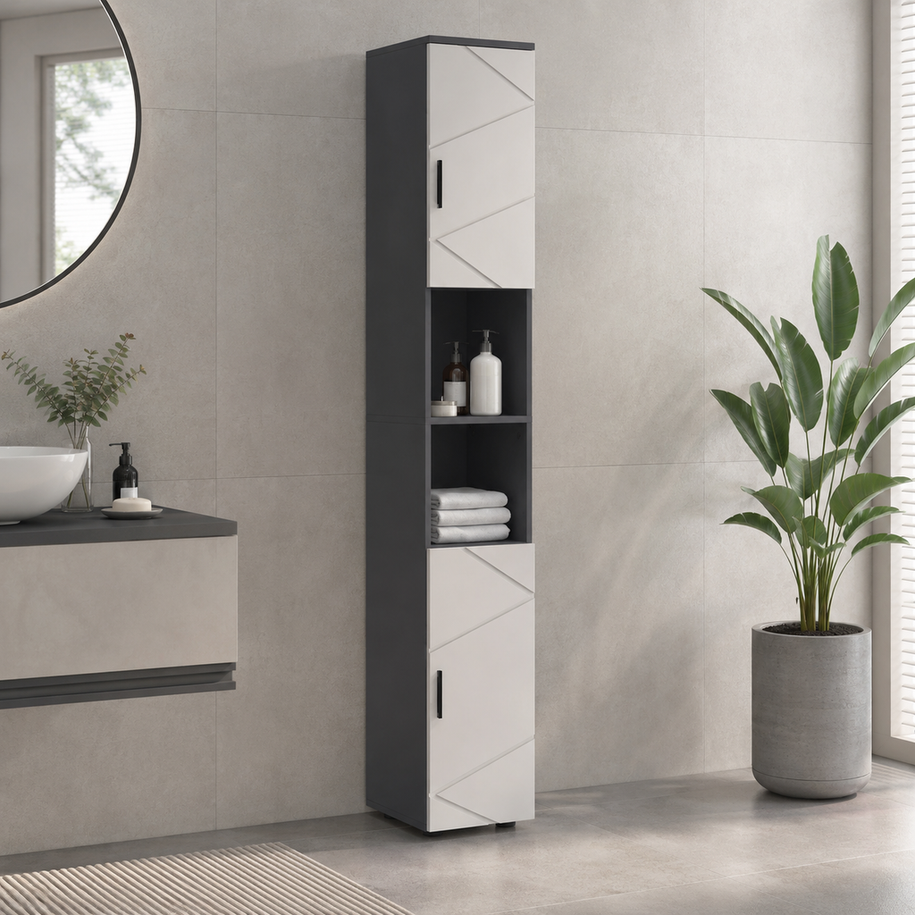 Bathroom Tallboy Cabinet Embossed Line Design – Particle Board, Grey, 30 × 30 × 183 cm