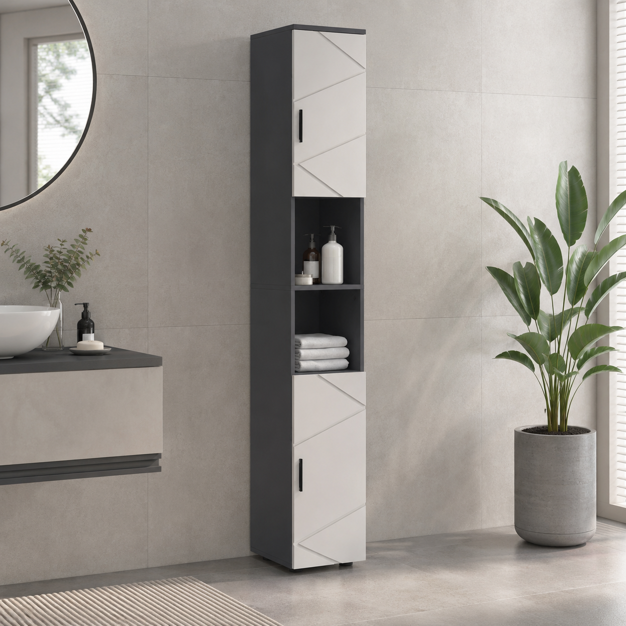 Bathroom Tallboy Cabinet Embossed Line Design – Particle Board, Grey, 30 × 30 × 183 cm