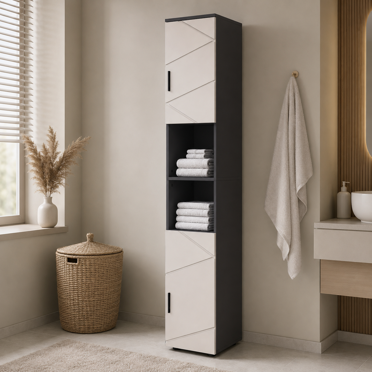 Bathroom Tallboy Cabinet Embossed Line Design – Particle Board, Grey, 30 × 30 × 183 cm