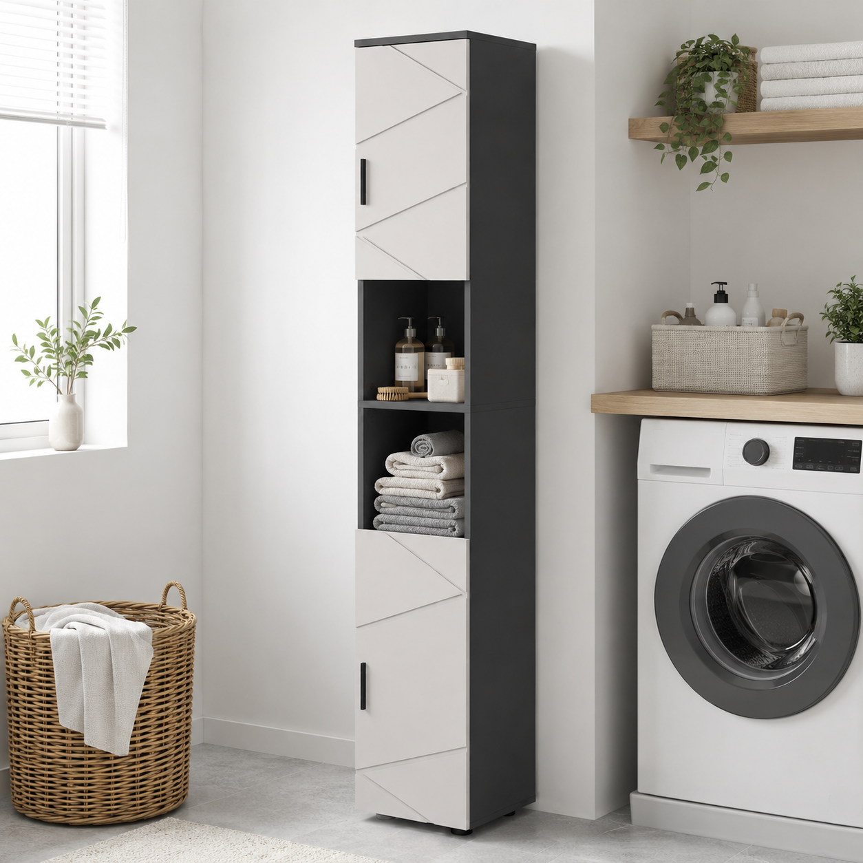 Bathroom Tallboy Cabinet Embossed Line Design – Particle Board, Grey, 30 × 30 × 183 cm