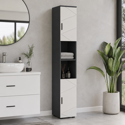 Bathroom Tallboy Cabinet Embossed Line Design – Particle Board, Grey, 30 × 30 × 183 cm