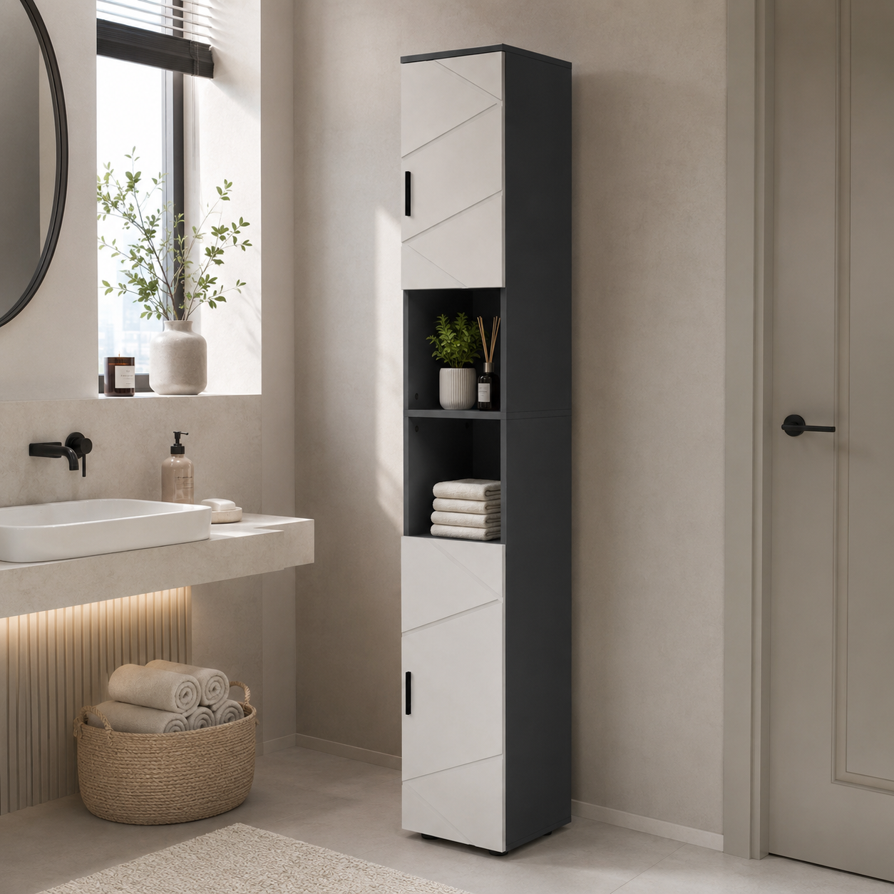 Bathroom Tallboy Cabinet Embossed Line Design – Particle Board, Grey, 30 × 30 × 183 cm