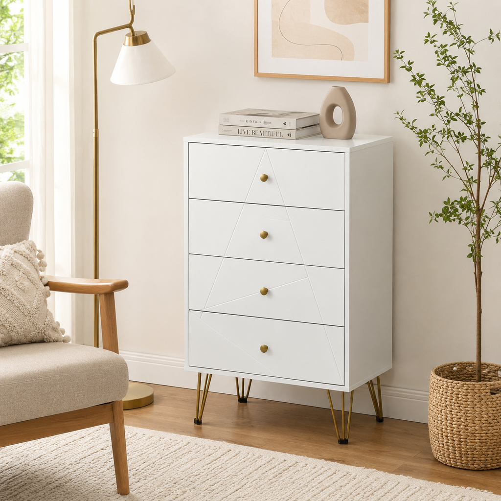 Chest of Drawers 4-Drawer Hairpin Legs – MDF & Metal, White, 60 × 40 × 100 cm