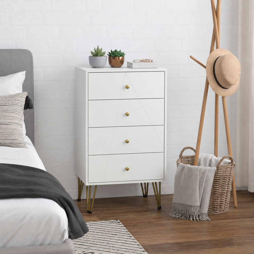 Chest of Drawers 4-Drawer Hairpin Legs – MDF & Metal, White, 60 × 40 × 100 cm