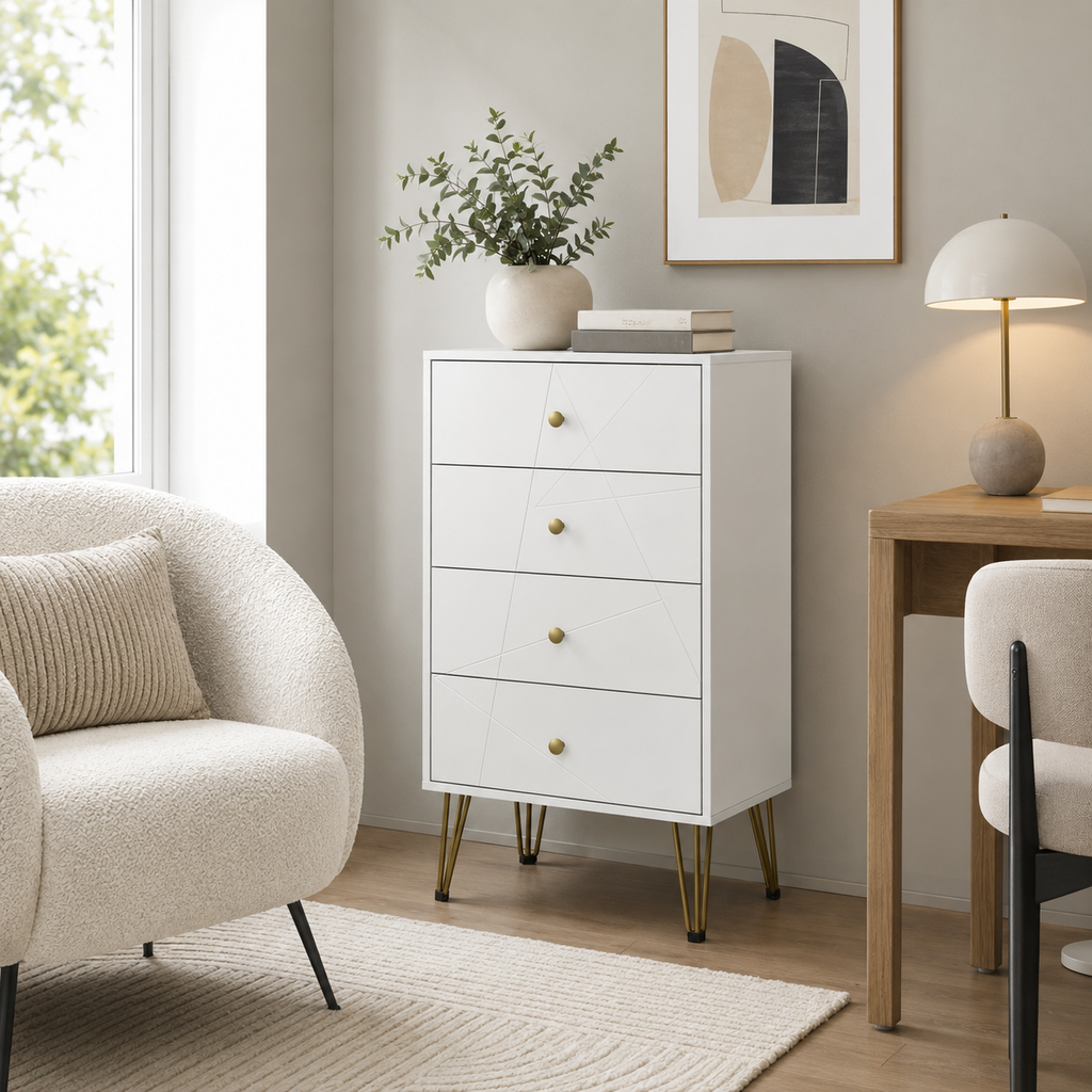 Chest of Drawers 4-Drawer Hairpin Legs – MDF & Metal, White, 60 × 40 × 100 cm