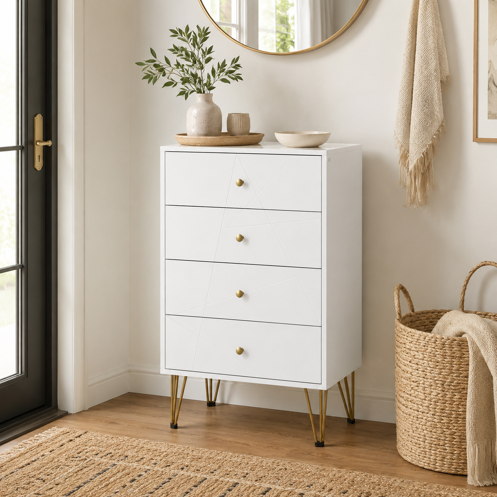 Chest of Drawers 4-Drawer Hairpin Legs – MDF & Metal, White, 60 × 40 × 100 cm