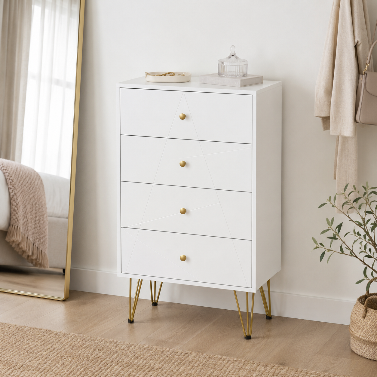 Chest of Drawers 4-Drawer Hairpin Legs – MDF & Metal, White, 60 × 40 × 100 cm