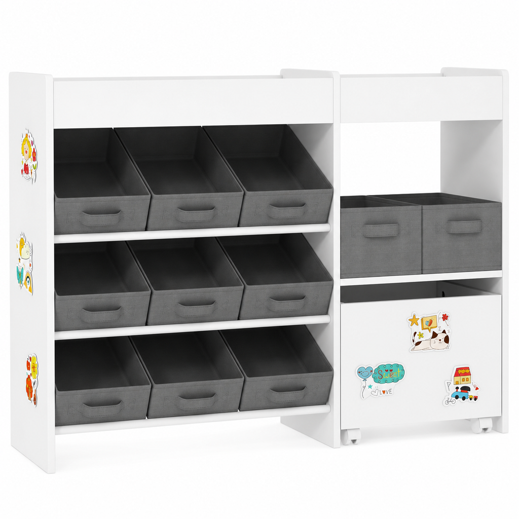 Kids Toy Storage Unit 11-Bin with Cabinet – MDF & Fabric, White, 105 × 30 × 80 cm