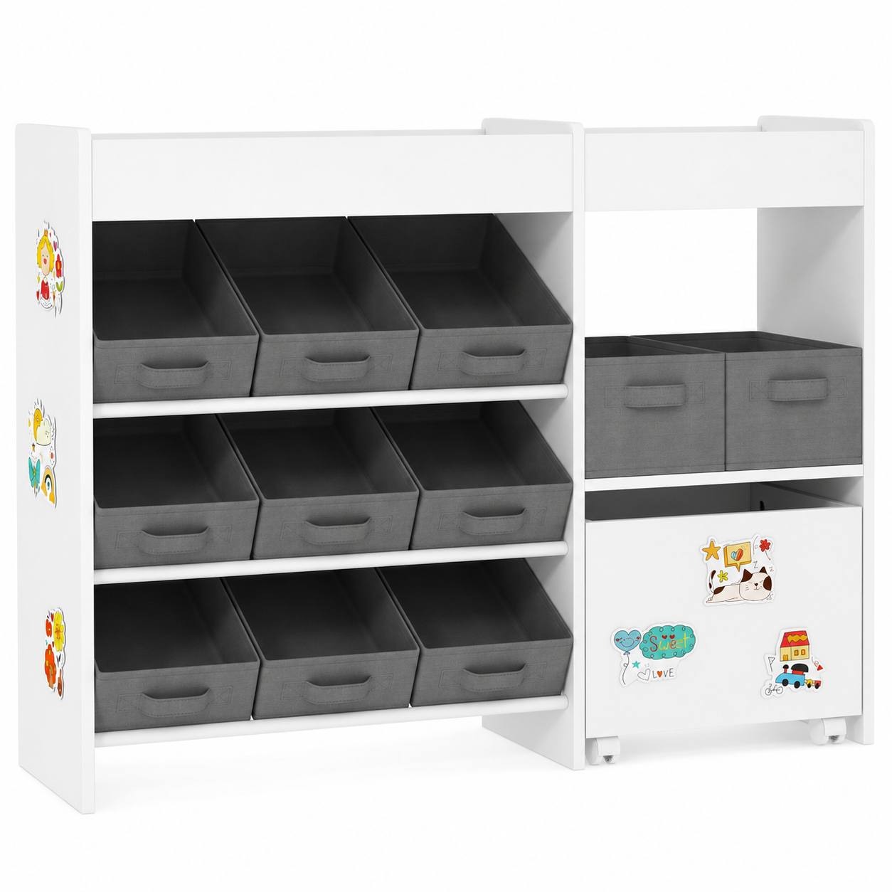 Kids Toy Storage Unit 11-Bin with Cabinet – MDF & Fabric, White, 105 × 30 × 80 cm