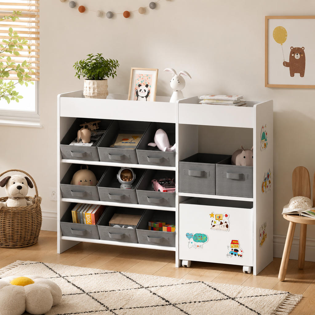 Kids Toy Storage Unit 11-Bin with Cabinet – MDF & Fabric, White, 105 × 30 × 80 cm