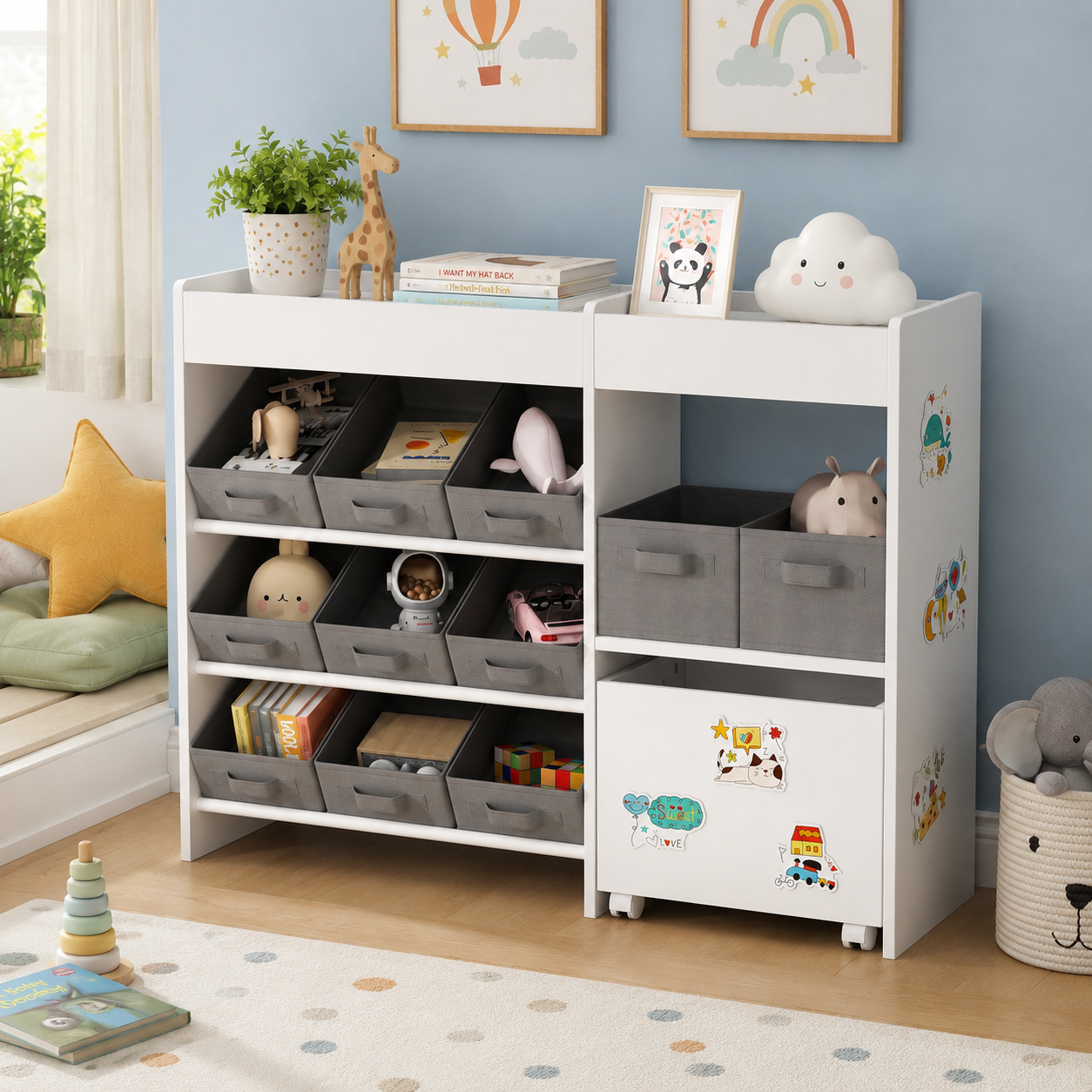 Kids Toy Storage Unit 11-Bin with Cabinet – MDF & Fabric, White, 105 × 30 × 80 cm