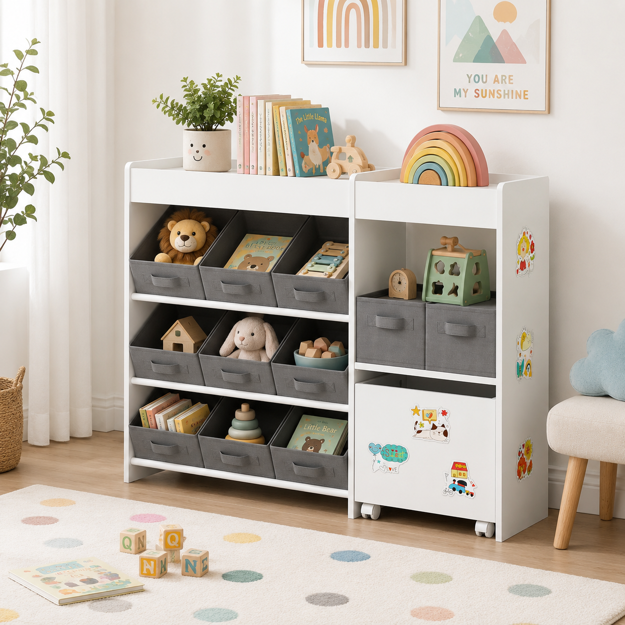 Kids Toy Storage Unit 11-Bin with Cabinet – MDF & Fabric, White, 105 × 30 × 80 cm
