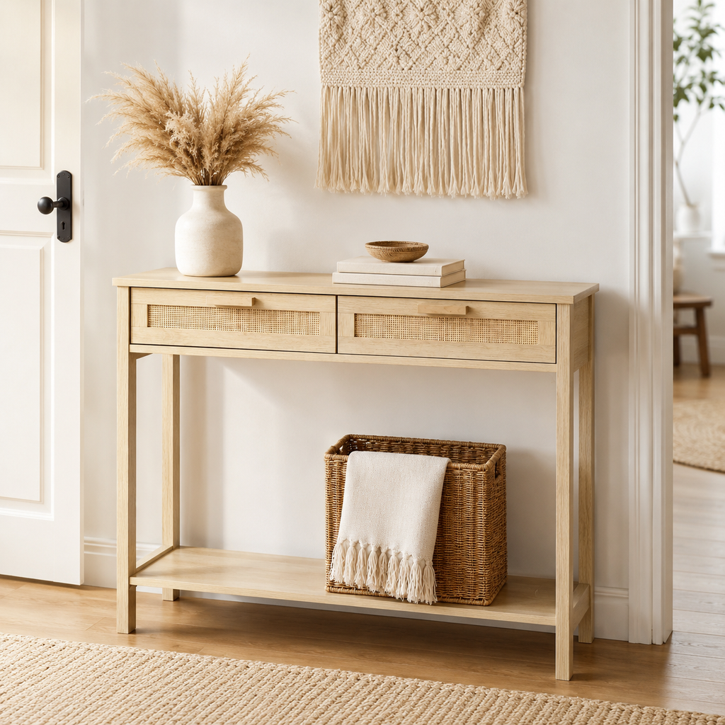 Console Table with Drawers & Shelf – MDF & Rattan, Natural, 100 × 30 × 76 cm