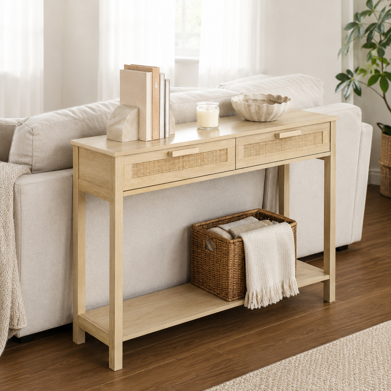 Console Table with Drawers & Shelf – MDF & Rattan, Natural, 100 × 30 × 76 cm