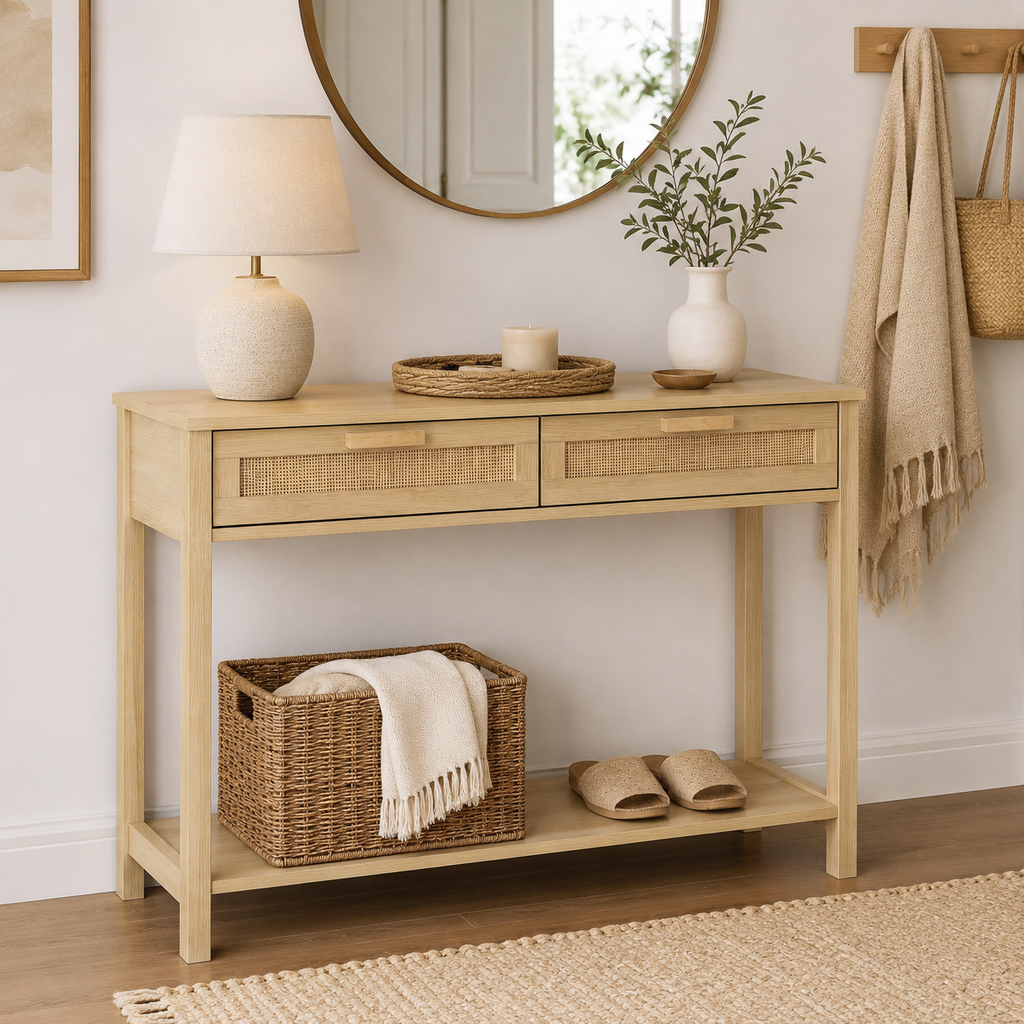 Console Table with Drawers & Shelf – MDF & Rattan, Natural, 100 × 30 × 76 cm