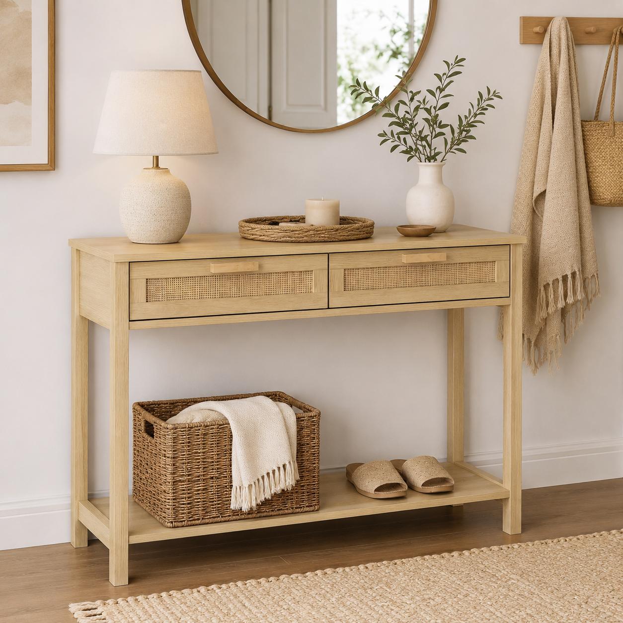 Console Table with Drawers & Shelf – MDF & Rattan, Natural, 100 × 30 × 76 cm