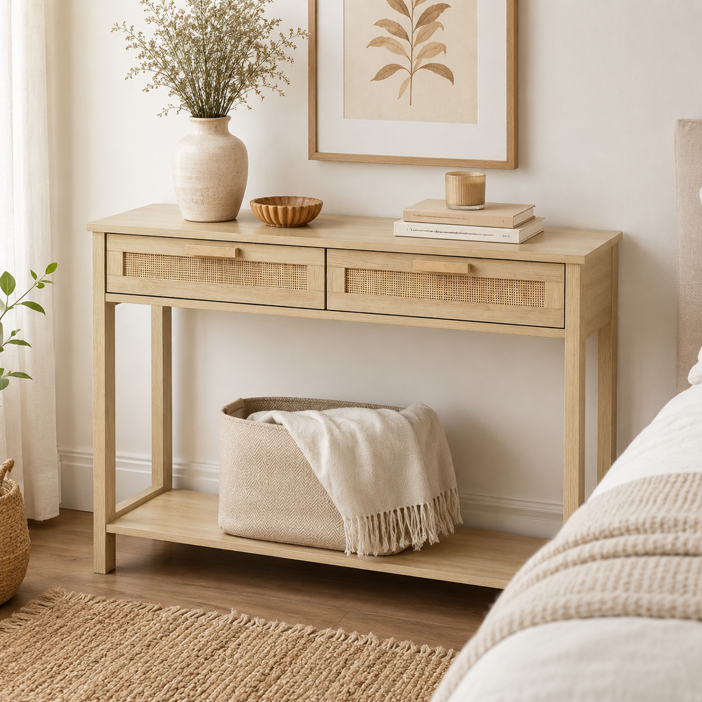 Console Table with Drawers & Shelf – MDF & Rattan, Natural, 100 × 30 × 76 cm