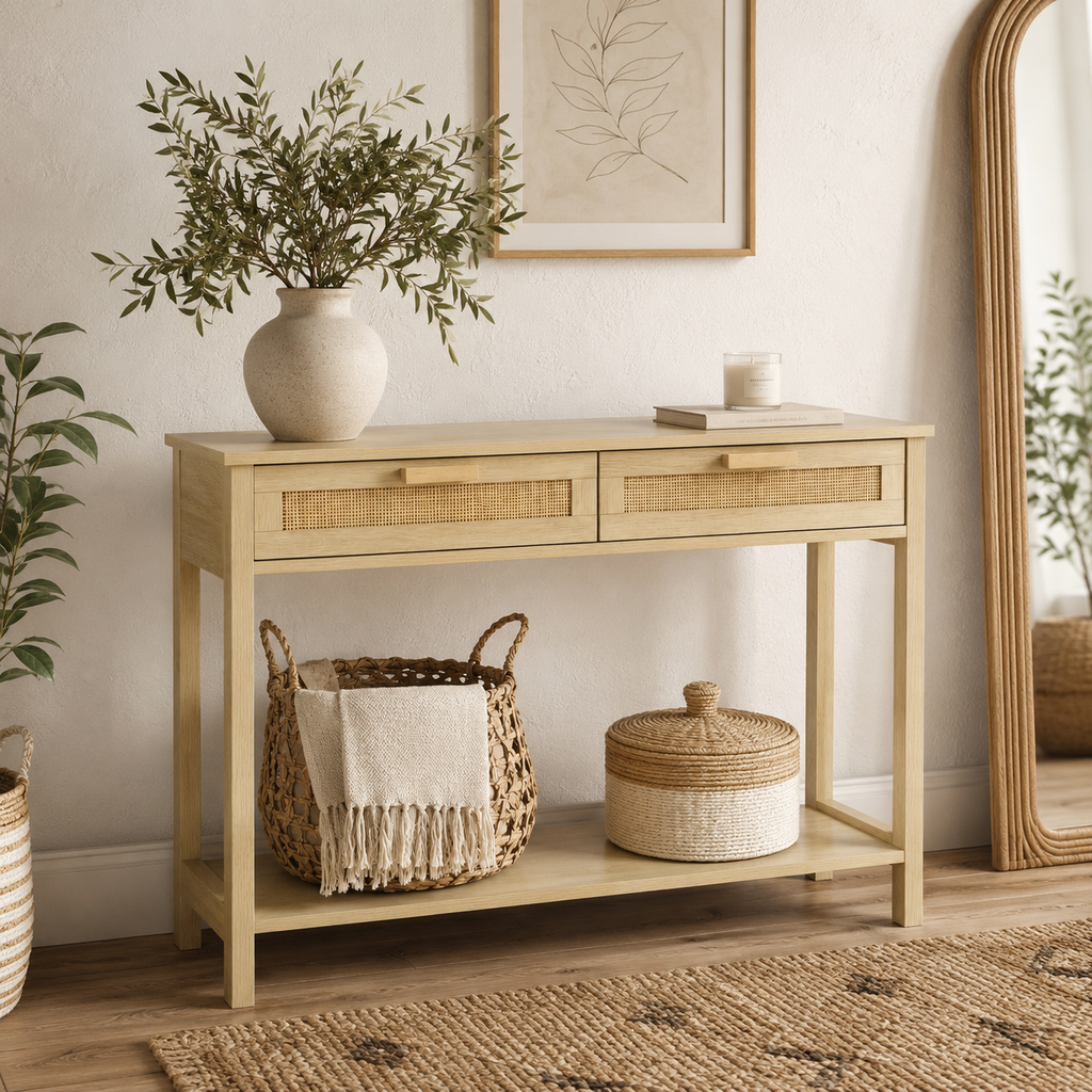 Console Table with Drawers & Shelf – MDF & Rattan, Natural, 100 × 30 × 76 cm