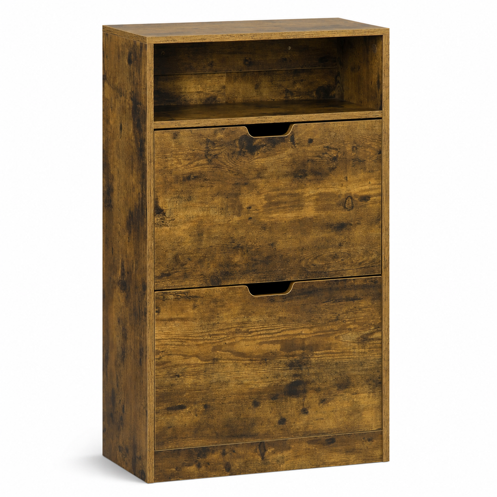 Shoe Cabinet – Slim, 2 Flip Doors, Adjustable Divider & Open Compartment, 12 Pairs, Rustic Brown