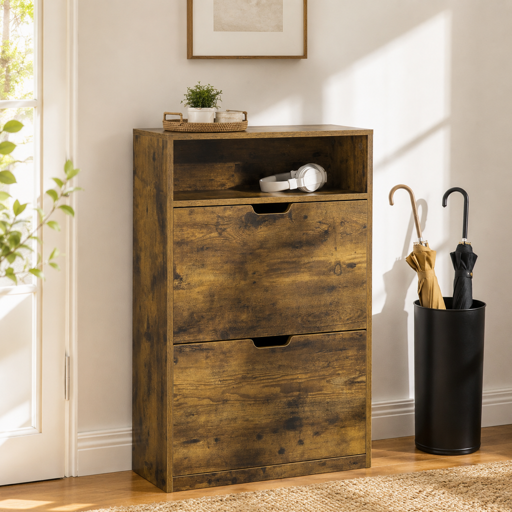 Shoe Cabinet – Slim, 2 Flip Doors, Adjustable Divider & Open Compartment, 12 Pairs, Rustic Brown