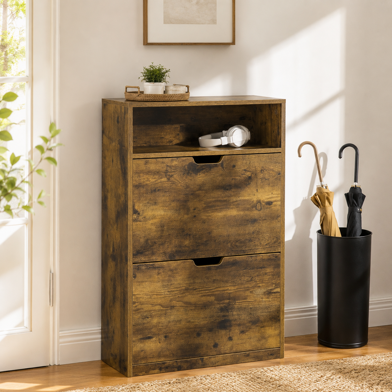 Shoe Cabinet – Slim, 2 Flip Doors, Adjustable Divider & Open Compartment, 12 Pairs, Rustic Brown