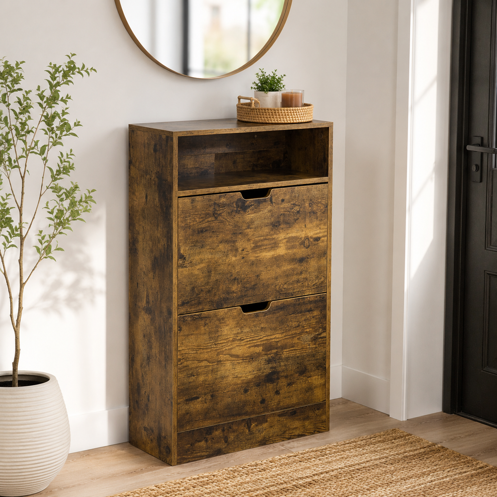 Shoe Cabinet – Slim, 2 Flip Doors, Adjustable Divider & Open Compartment, 12 Pairs, Rustic Brown