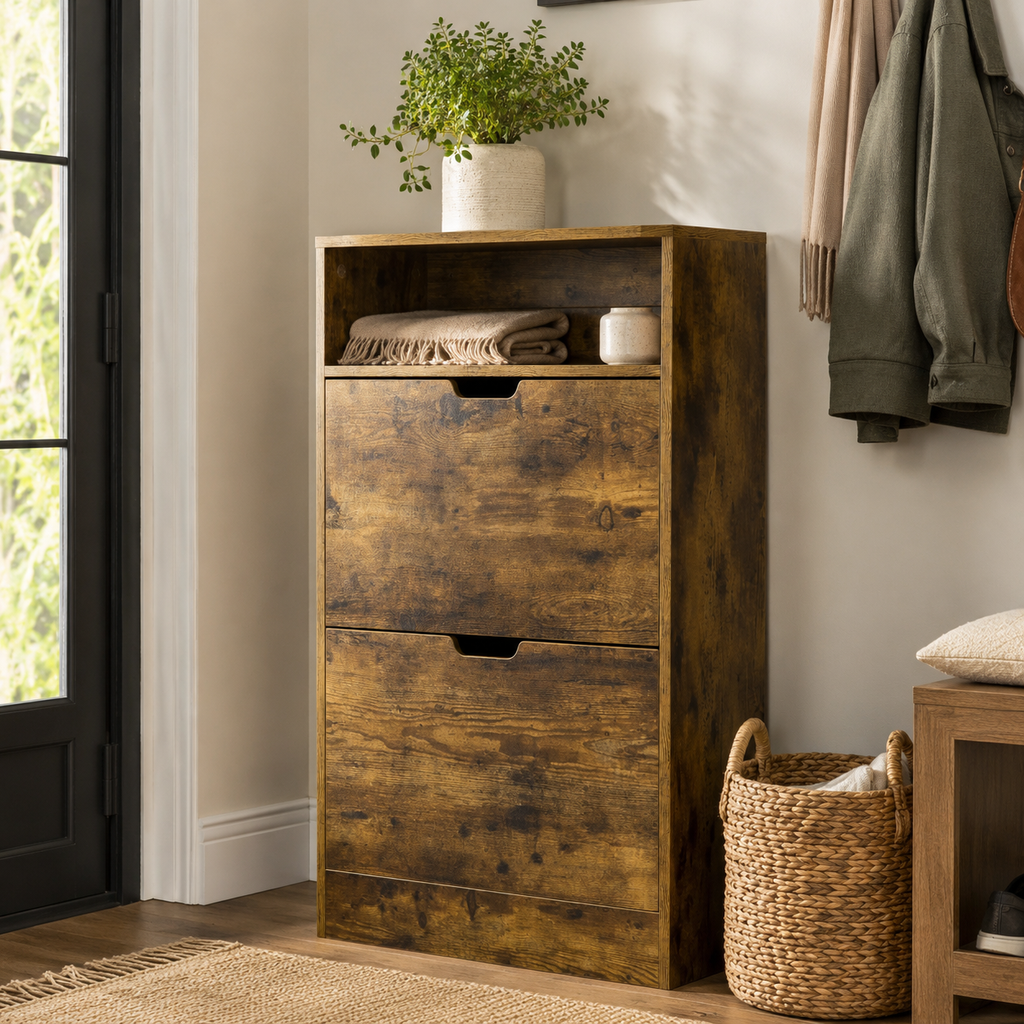 Shoe Cabinet – Slim, 2 Flip Doors, Adjustable Divider & Open Compartment, 12 Pairs, Rustic Brown