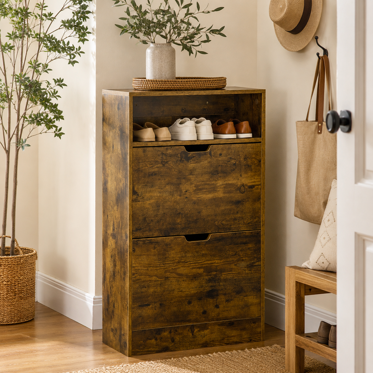 Shoe Cabinet – Slim, 2 Flip Doors, Adjustable Divider & Open Compartment, 12 Pairs, Rustic Brown