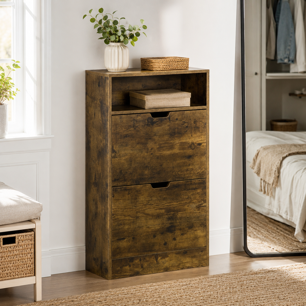 Shoe Cabinet – Slim, 2 Flip Doors, Adjustable Divider & Open Compartment, 12 Pairs, Rustic Brown